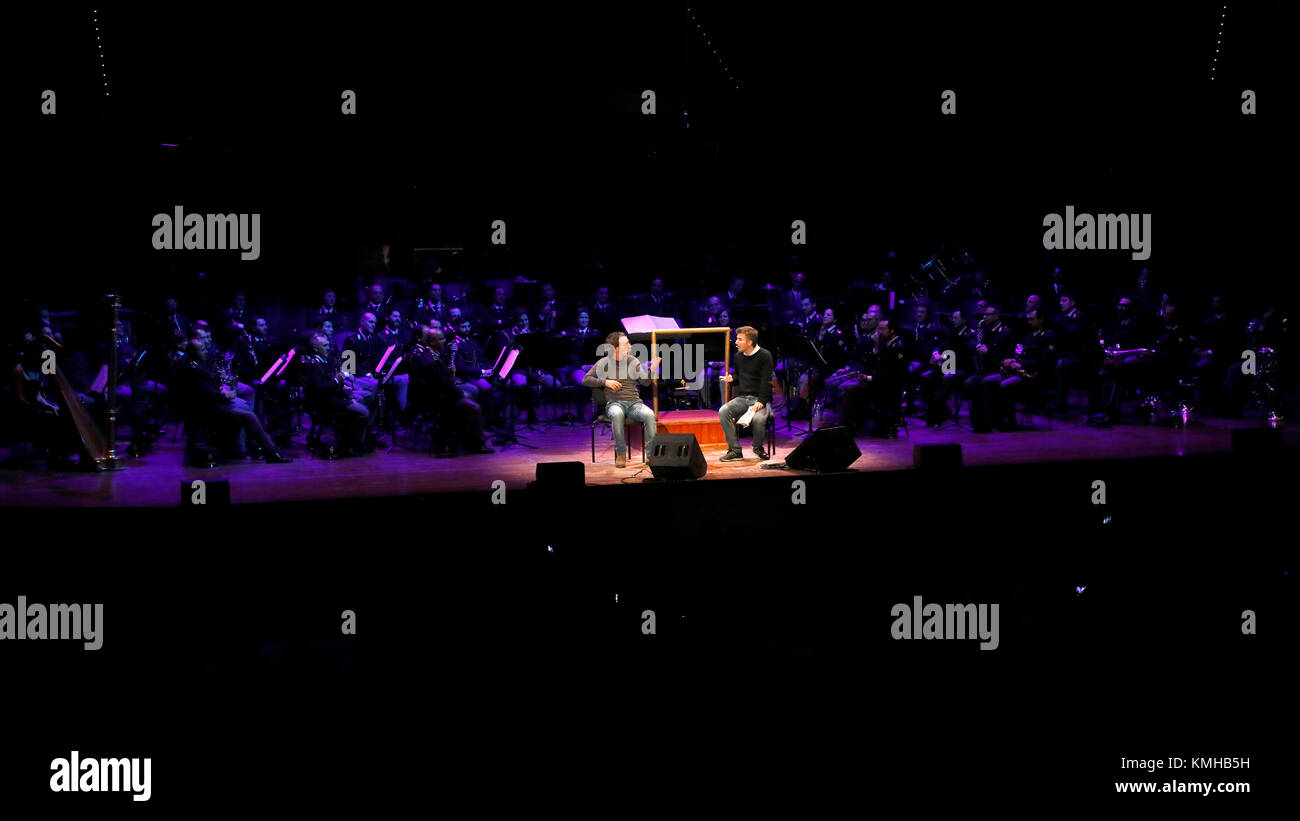 Rome, Italy - 11 December 2017: Comic duo Salvo Ficarra and Valentino Picone perform on the stage of the Auditorium Parco della Musica, on the occasion of the concert of the State Police Band, 'Be there always, with music and words'. Stock Photo