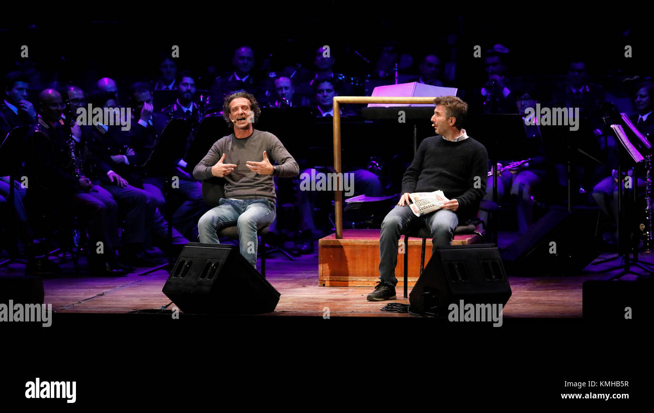Rome, Italy - 11 December 2017: Comic duo Salvo Ficarra and Valentino Picone perform on the stage of the Auditorium Parco della Musica, on the occasion of the concert of the State Police Band, 'Be there always, with music and words'. Stock Photo