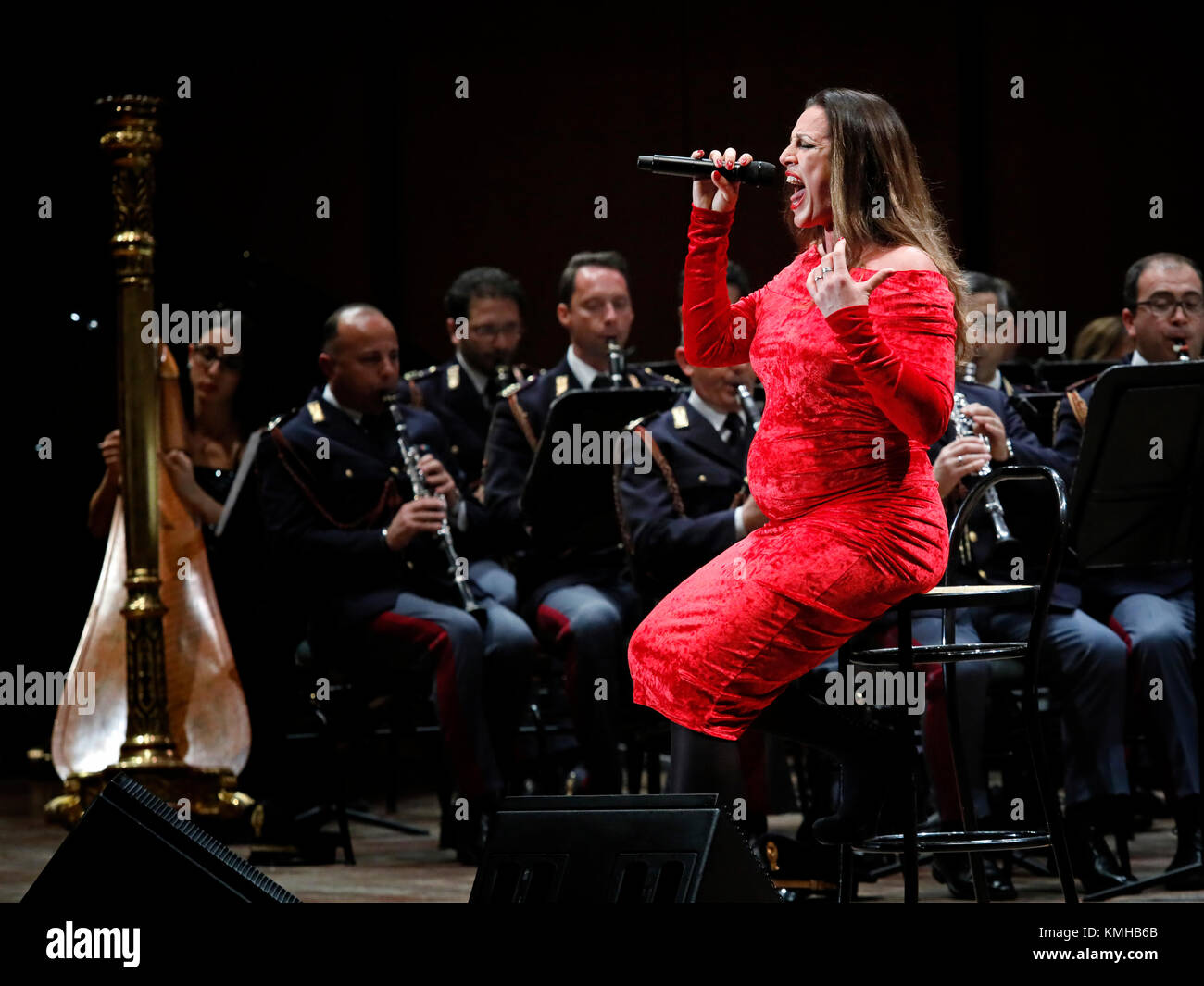 Rome, Italy - 11 December 2017: the singer Annalisa Minetti performs on the stage of the Auditorium Parco della Musica, on the occasion of the concert of the State Police Band, 'Be there always, with music and words'. Stock Photo
