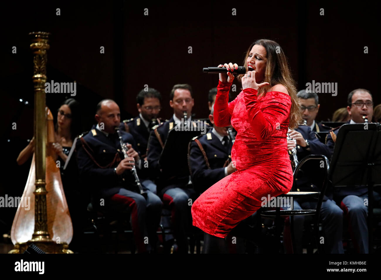 Rome, Italy - 11 December 2017: the singer Annalisa Minetti performs on the stage of the Auditorium Parco della Musica, on the occasion of the concert of the State Police Band, 'Be there always, with music and words'. Stock Photo