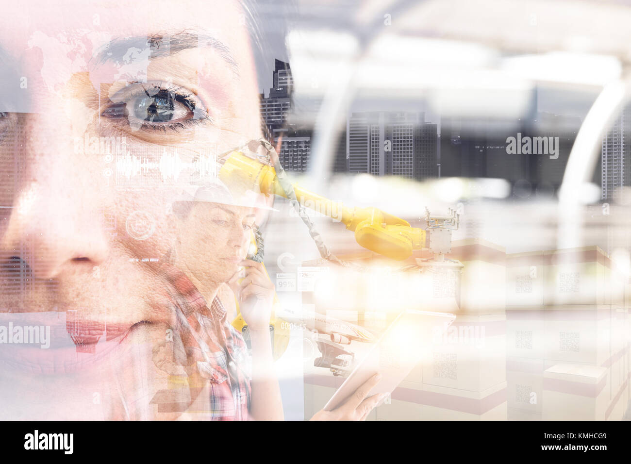 Smart logistic , Augmented reality technology , automation robot arm , industry 4.0, disruption and supply chain concept. Double exposure of worker us Stock Photo
