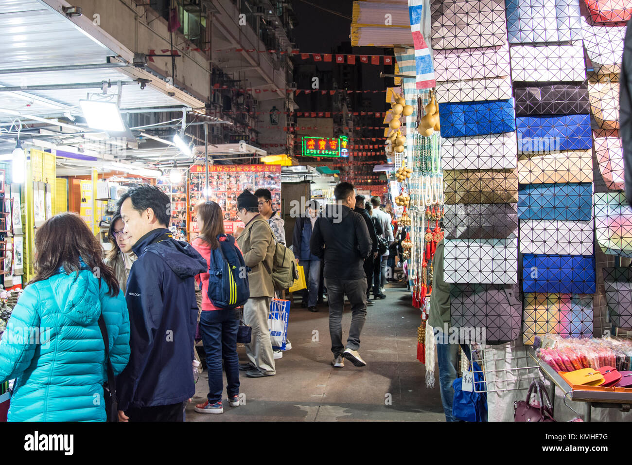 A view of the people walking in Temple street night market in Hong Kong Stock Photo