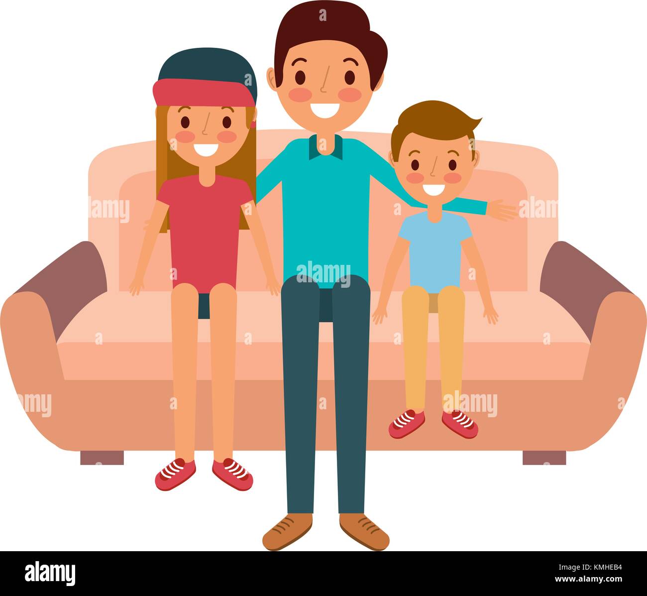 Dad With Her Son And Daughter Sitting In The Sofa Stock Vector Art