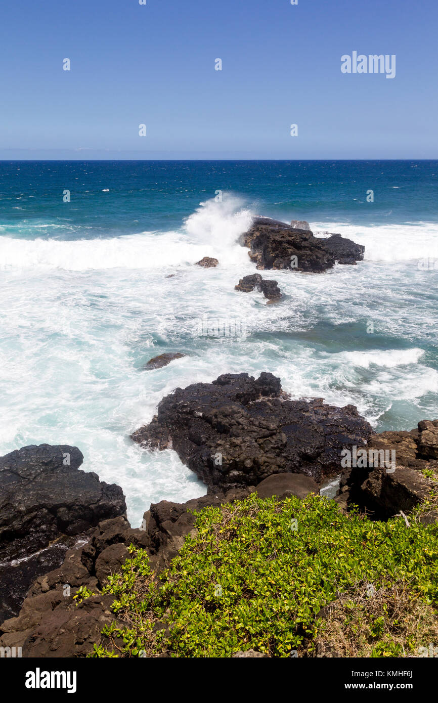 Waves breaking at the rocks at Gris Gris in Souillac at the south coast of Mauritius, Africa. Stock Photo