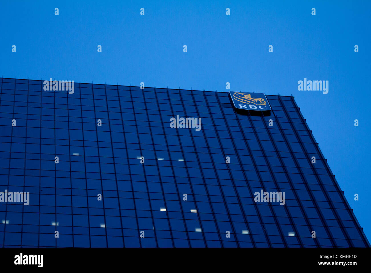 TORONTO, CANADA - DECEMBER 21, 2016: Headquarters of the Royal Bank of Canada (RBC) in Toronto, Ontario, Canada with the illumniated logo of the corpo Stock Photo