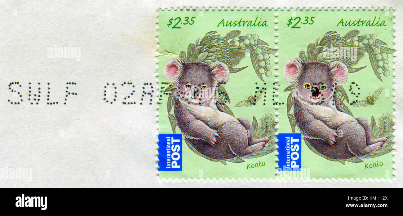 GOMEL, BELARUS, 5 DECEMBER 2017, Stamp printed in Australia shows image of the Koala, circa 2011. Stock Photo
