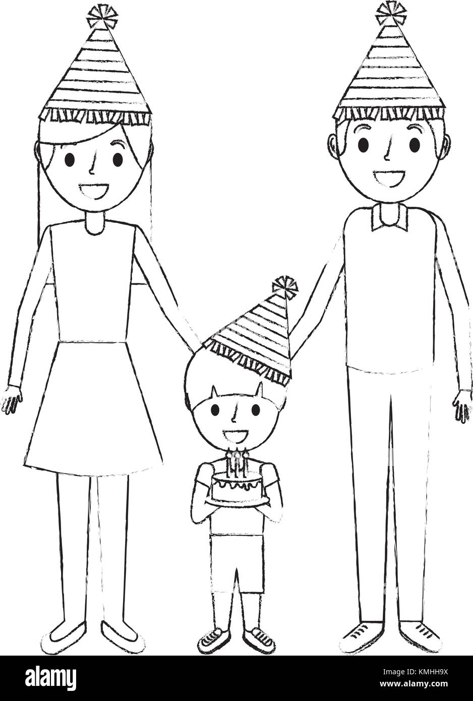 family parents and her son with party hat holding birthday cake Stock Vector