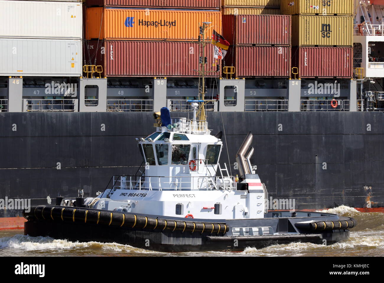 The harbor tug Perfect works on 5 May 2016 in the port of Hamburg. Stock Photo
