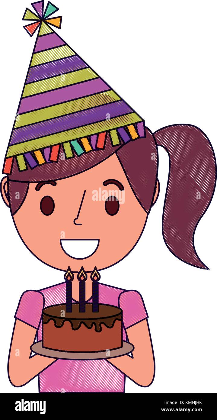 portrait happy woman holding birthday cake wearing party hat Stock