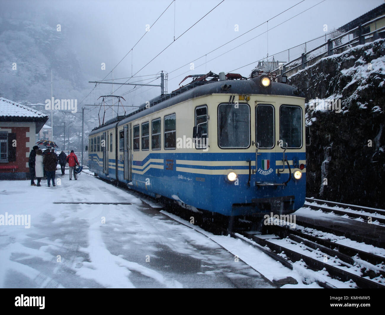 A photograph of the ABe 6/6 35 train crossing the Ponte Brolla ...