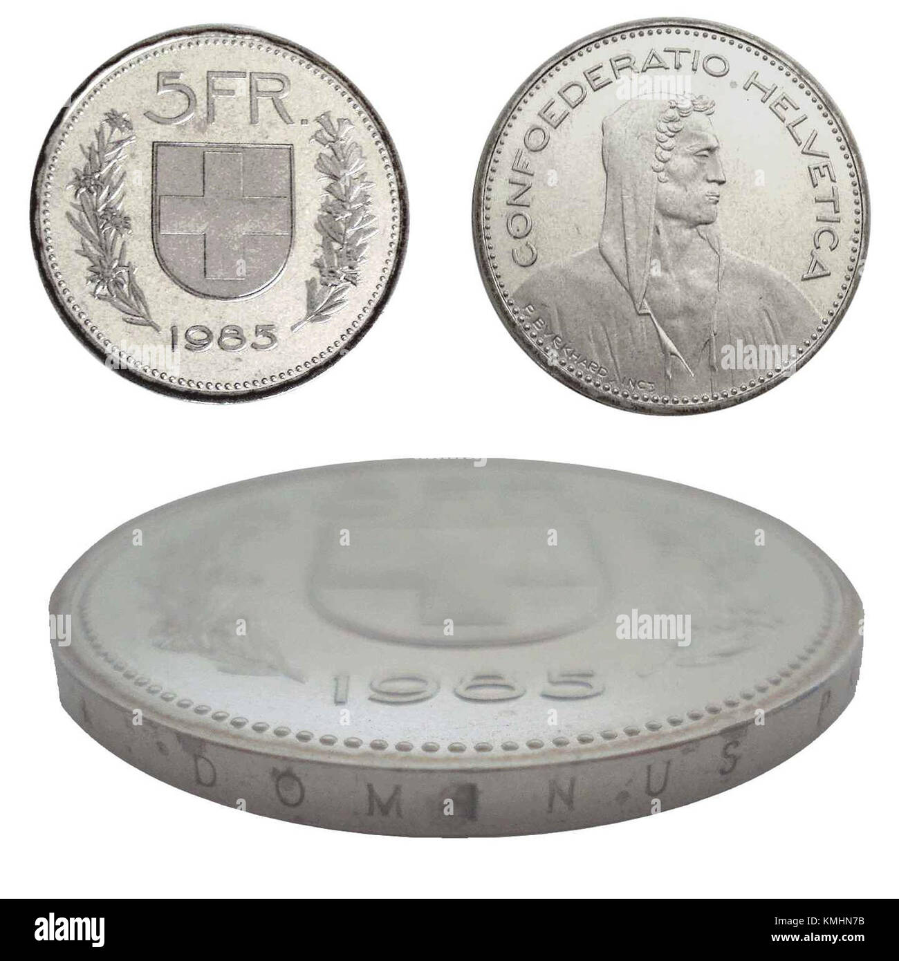 This image shows a 5-franc coin from France, issued in 1985. The 'Tranche en creux' refers to the coin's reeded edge, a feature common in many European currencies. Stock Photo