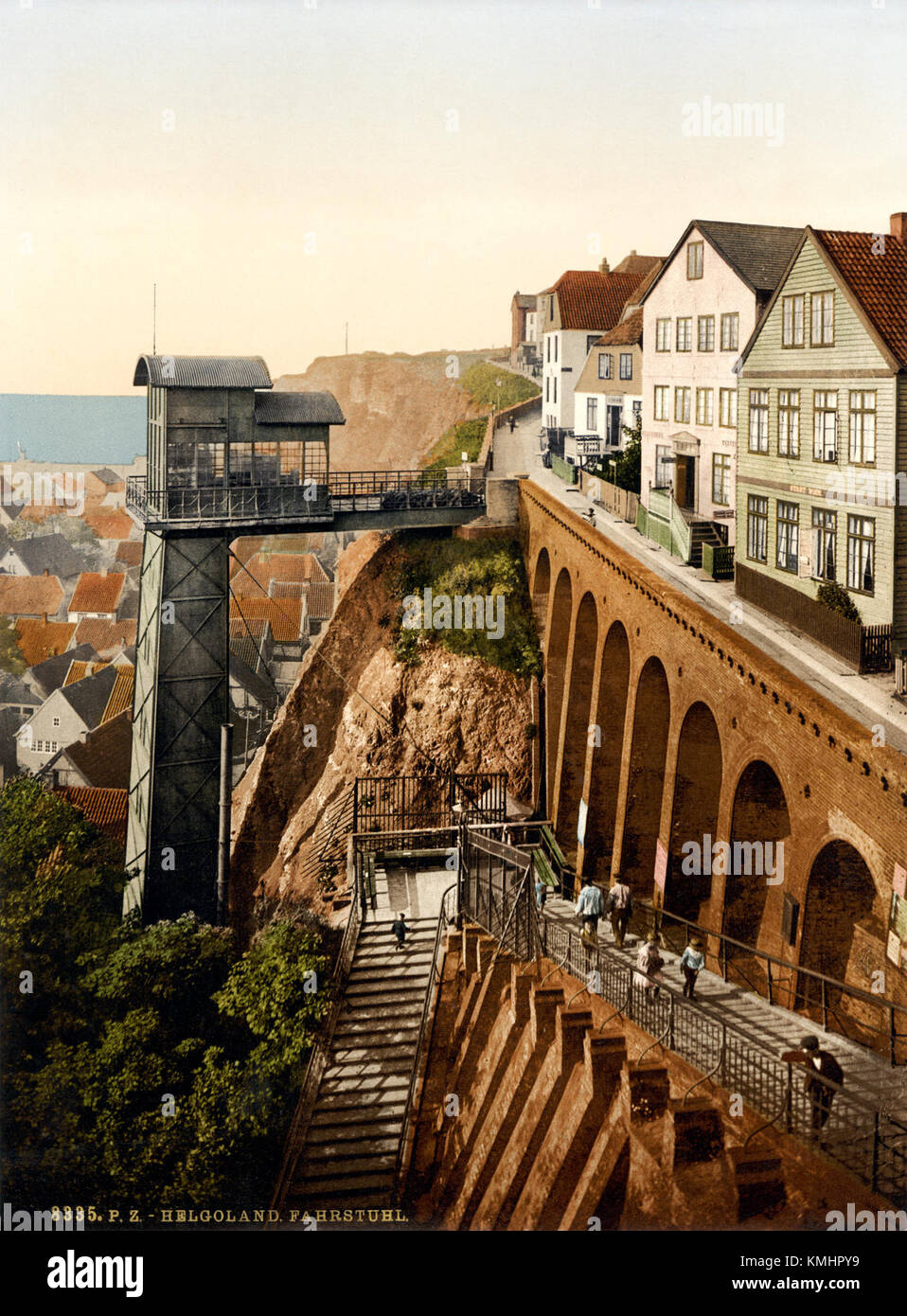 A photograph from the 1890s showing the elevator and grand staircase on the island of Helgoland, located in the German Bight. This showcases architectural features of the time. Stock Photo