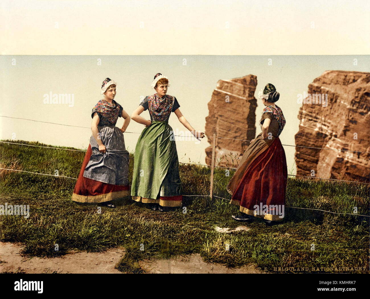 Traditional costumes from Helgoland, located in the German Bight, reflect the regionâ€™s cultural history around 1897. These garments offer insight into the local customs and social practices of the time. Stock Photo