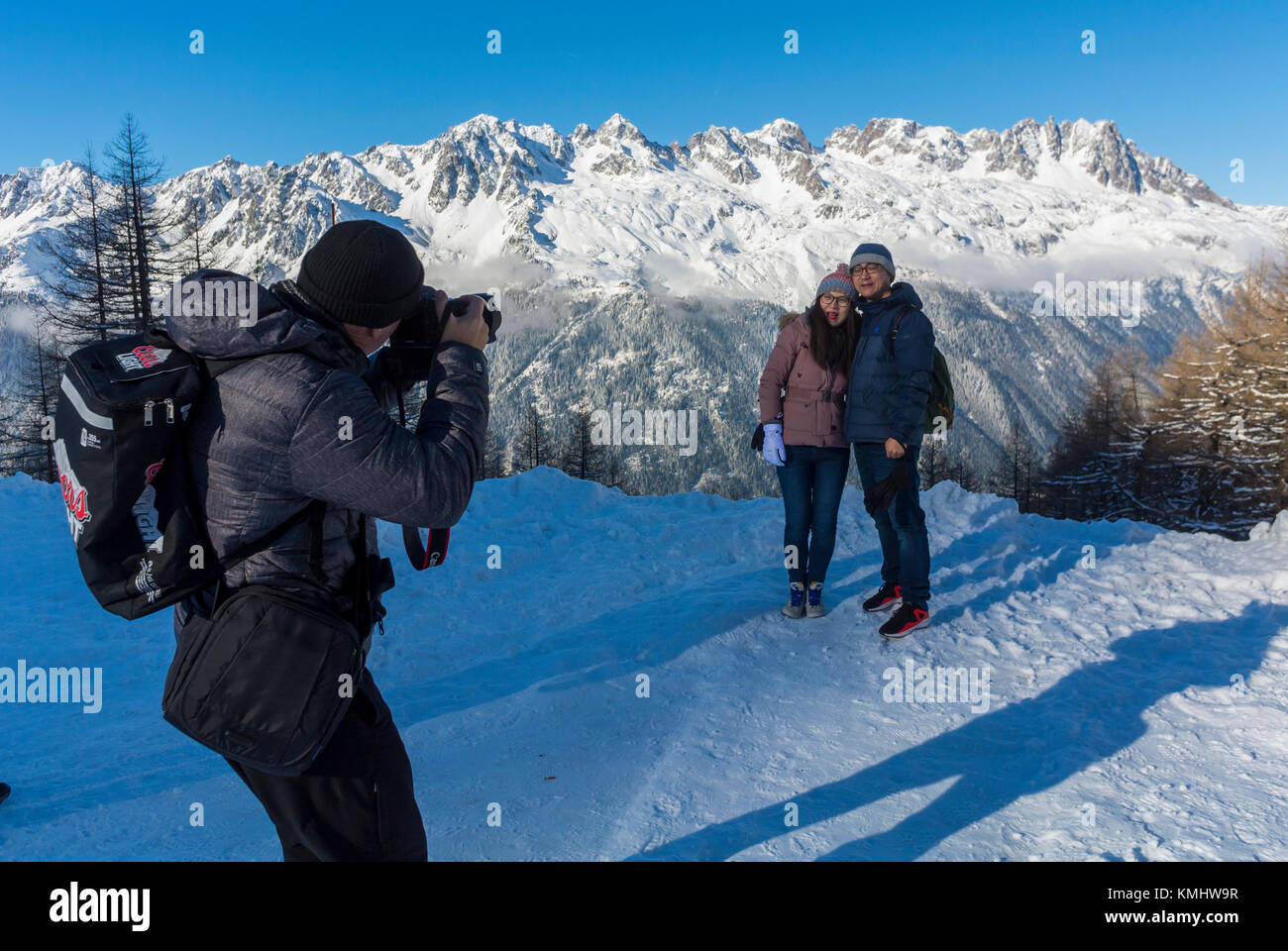 Chamonix-Mont Blanc, France, French Alps, 'Mer de Glace' (Sea of Ice)  Montenvers, French Ice Glacier, Couple Posing for photographer,  french landscape environmental Stock Photo