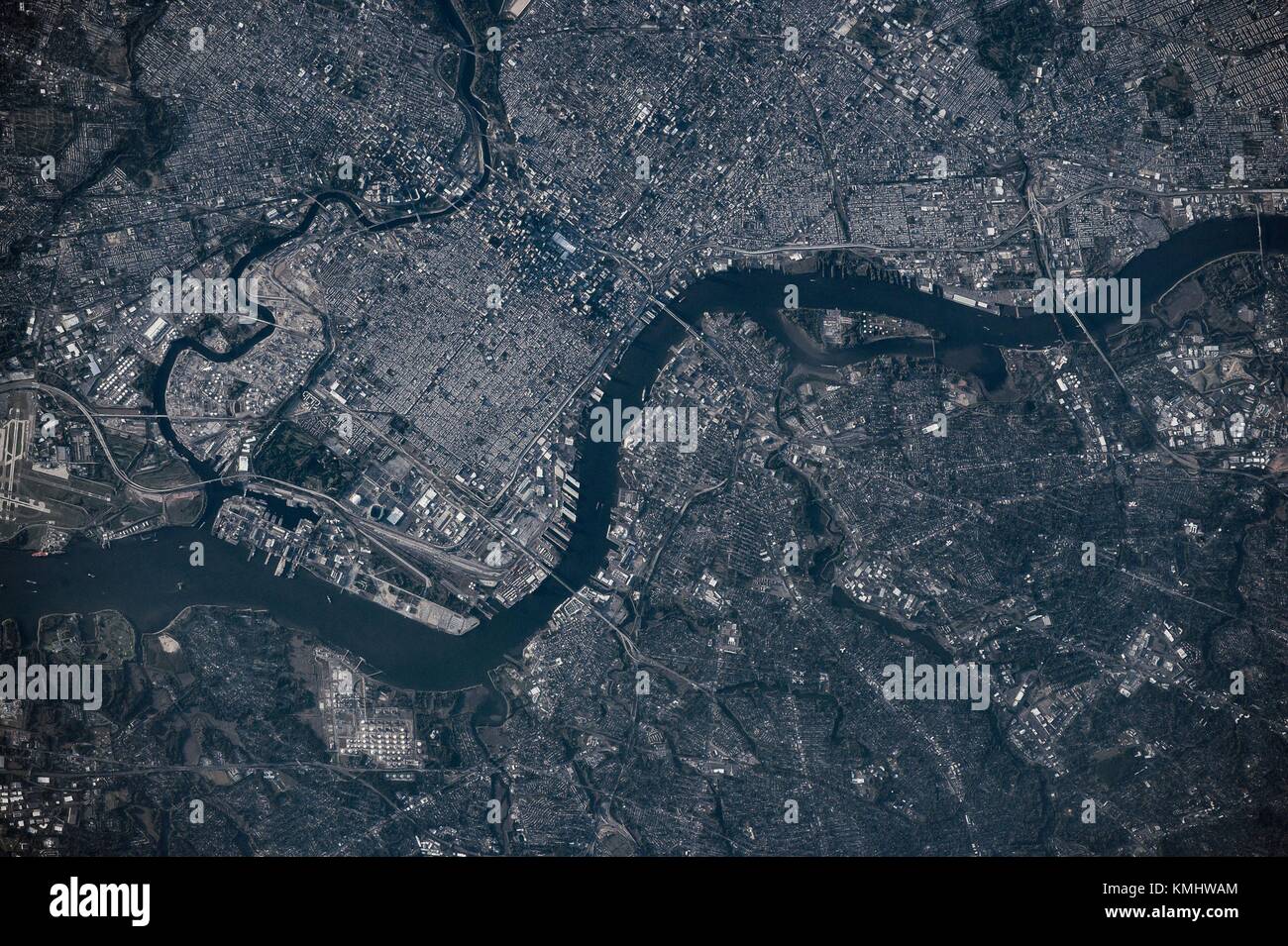 Daytime view from the International Space Station of Philadelphia Pennsylvania as seen from Earth Orbit. Stock Photo
