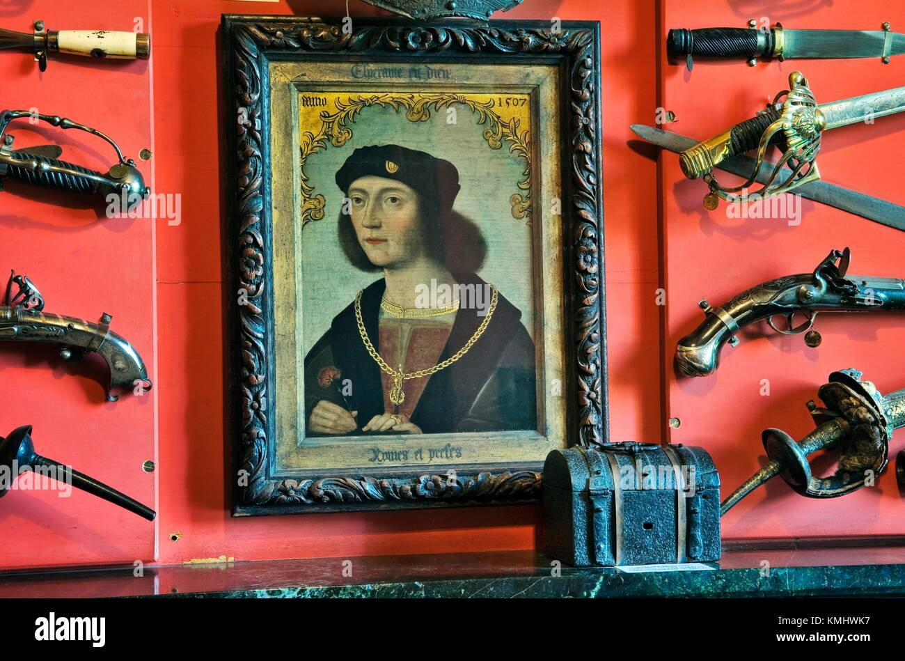 Portrait of King James VI in Sir Walter Scott’s collection in the Armoury of his home, Abbotsford, Galashiels, Borders, Scotland Stock Photo