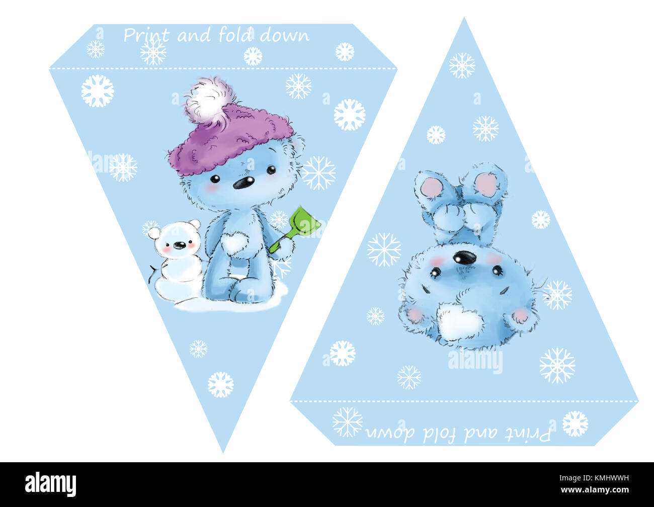 Printable template flags. Banner Baby Shower, Birthday, New Year or Christmas Party with baby bears and snowflakes Stock Photo