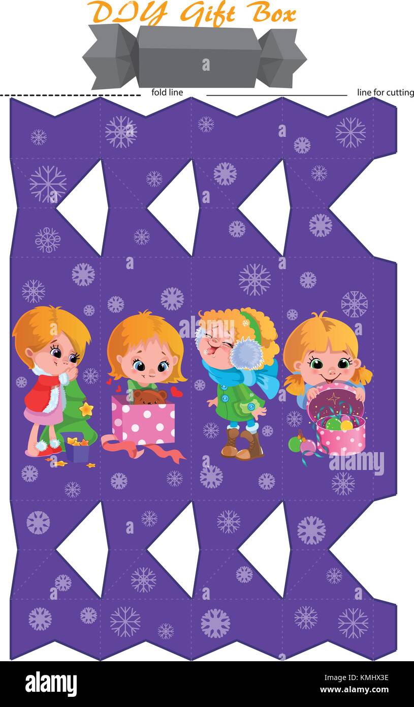 Gift Box printable DIY template. Girl cute kid and snowflakes winter pattern. Stock Vector