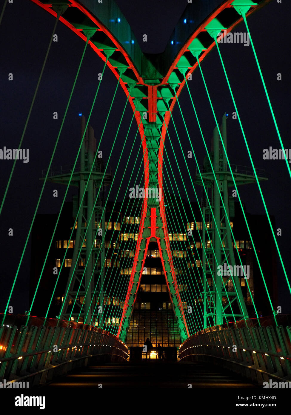 constantly changing display of bright lights on the Lowry Bridge aka