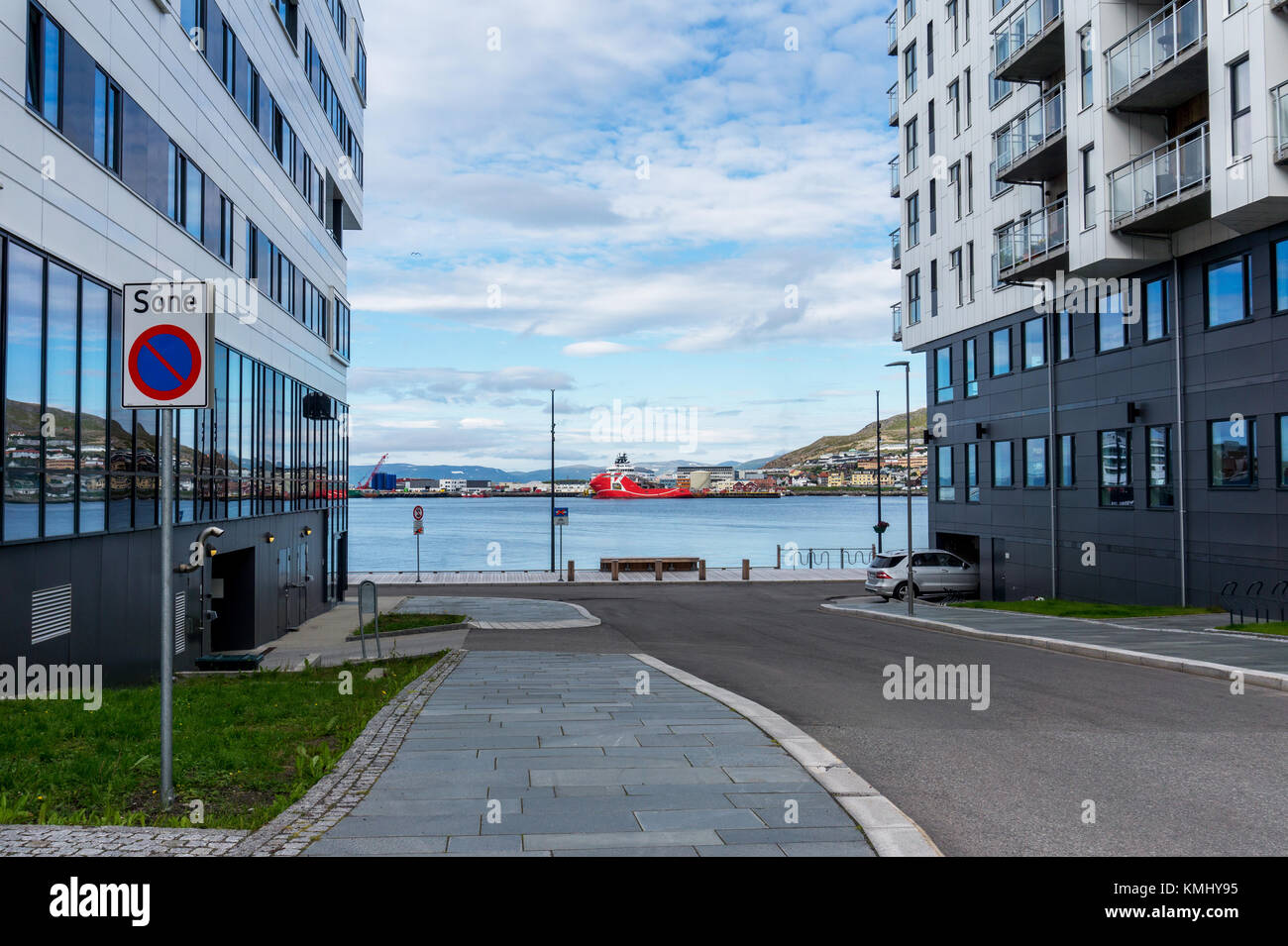 Street and panorama of Hammerfest, island of Kvaloya , Norway Stock Photo