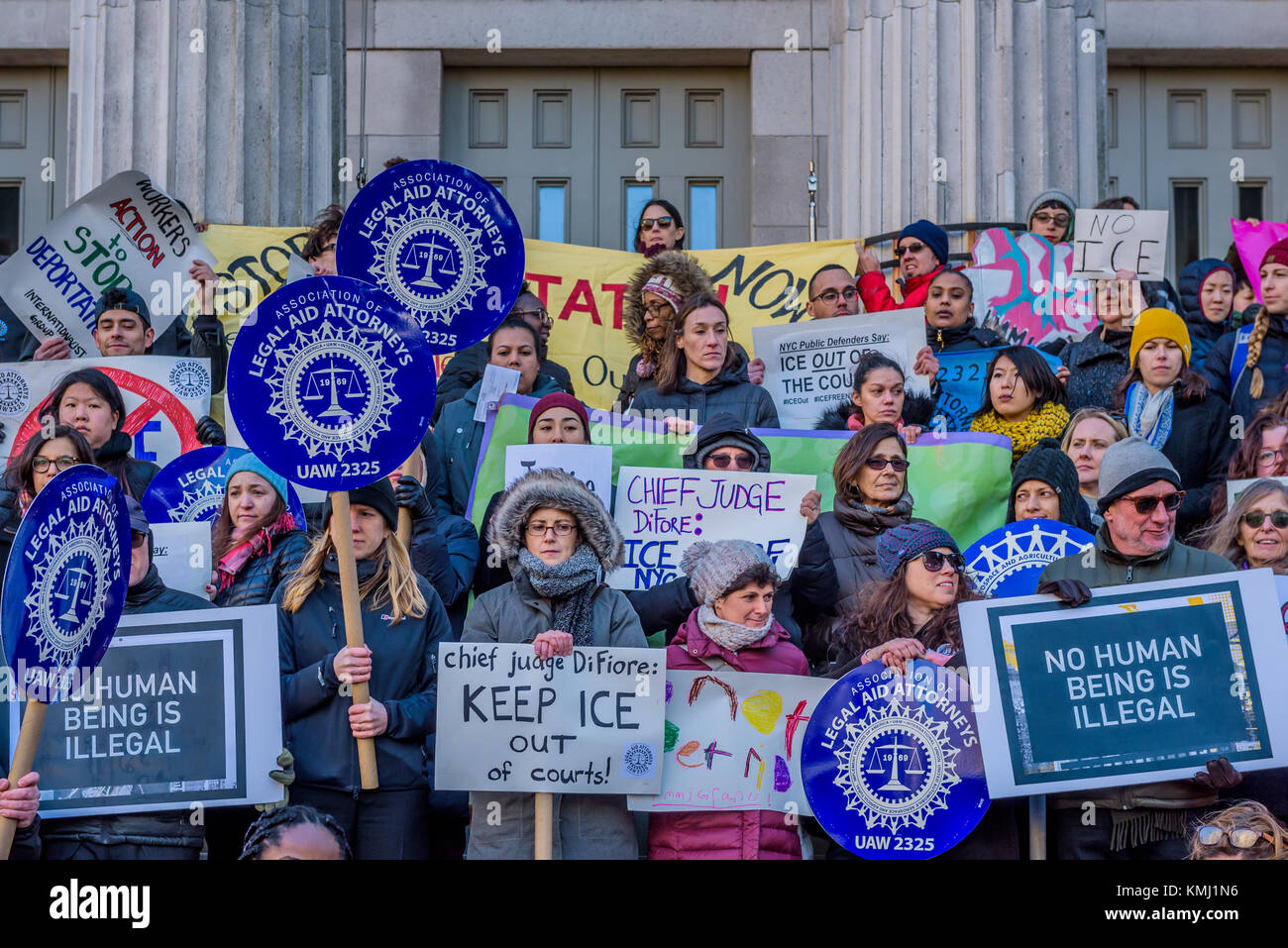 New York, USA. 7th December, 2017. The Association of Legal Aid Attorneys - UAW Local 2325 (ALAA), along with dozens of unions, immigrant rights organizations, and community groups held a rally on December 7, 2017 at Brooklyn Borough Hall to call on the Office of Court Administration (OCA) and Chief Judge Janet DiFiore to immediately implement a policy to prohibit Immigration & Customs Enforcement agents from entering state courthouses, and to end coordination with ICE. Credit: PACIFIC PRESS/Alamy Live News Stock Photo