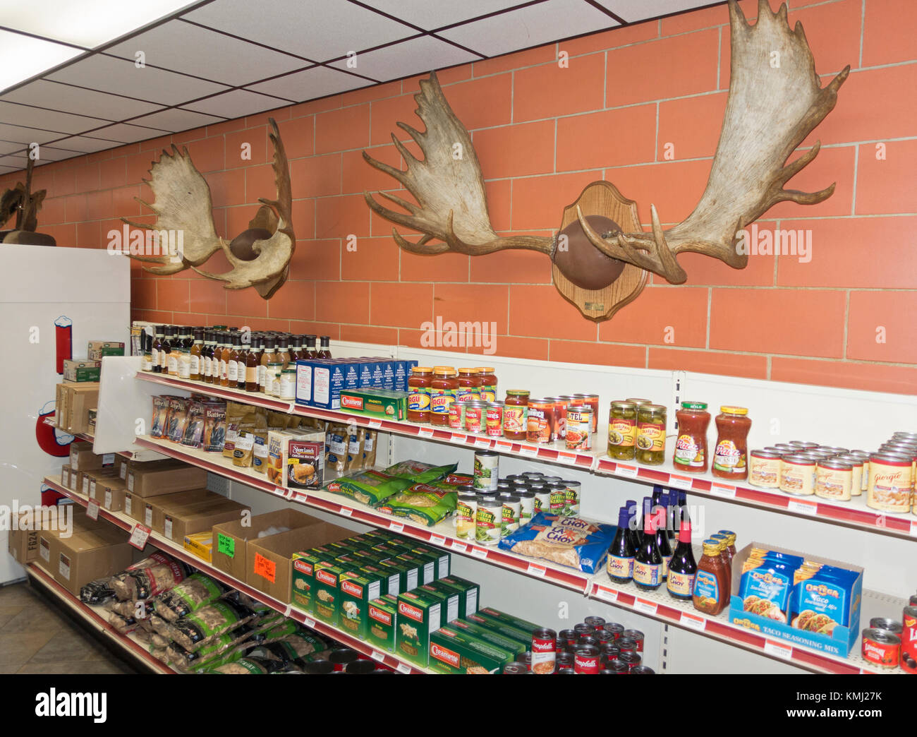 Elk antlers majestically mounted over food shelves inside Thielen Meats butcher shop. Pierz