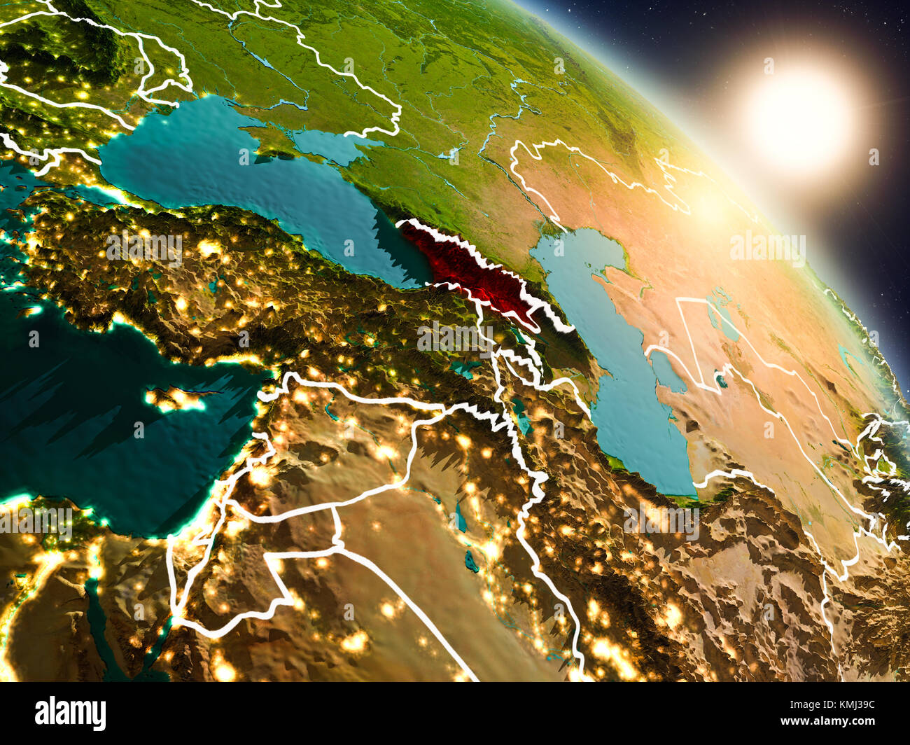 Sunset above Georgia from space on planet Earth with visible