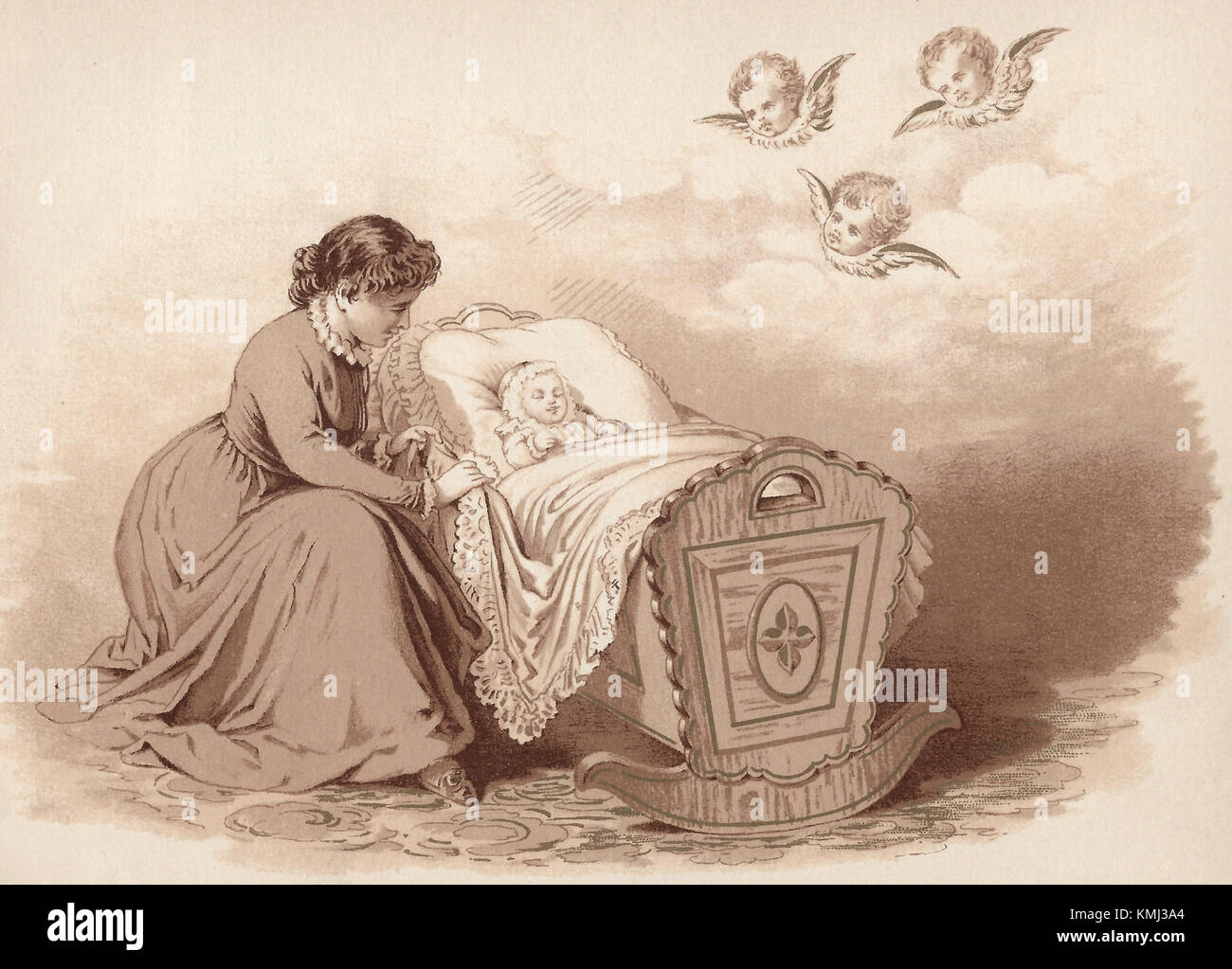 A Victorian Era woman rocking her baby to sleep while angels look on Stock Photo