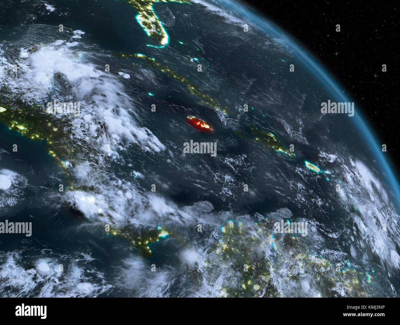 Night above Jamaica highlighted in red on model of planet Earth in ...