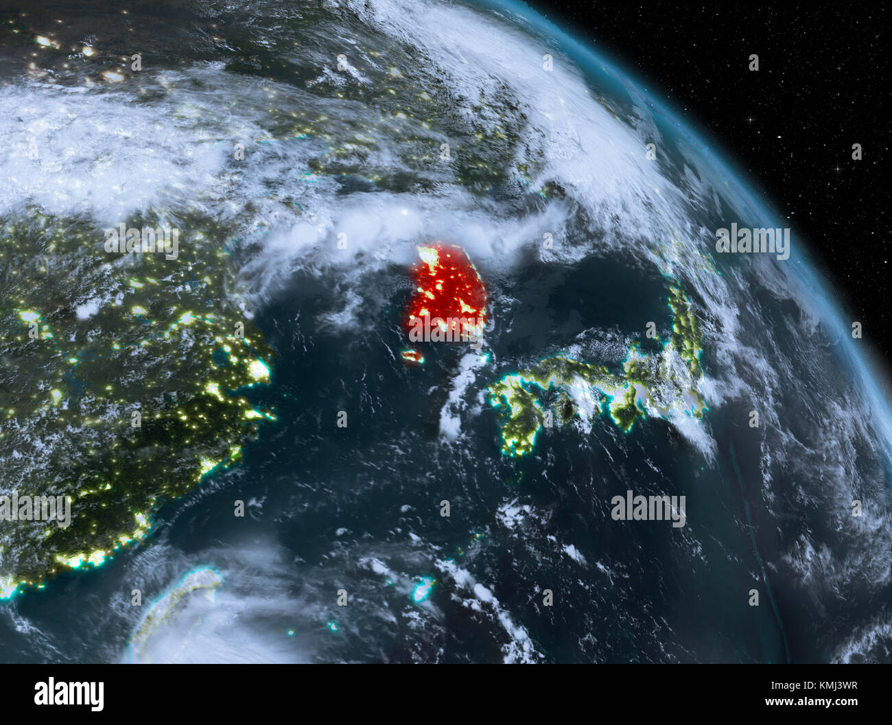 Night above South Korea highlighted in red on model of planet Earth in ...