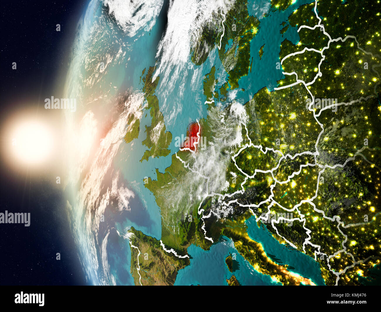Satellite view of Netherlands highlighted in red on planet Earth with ...