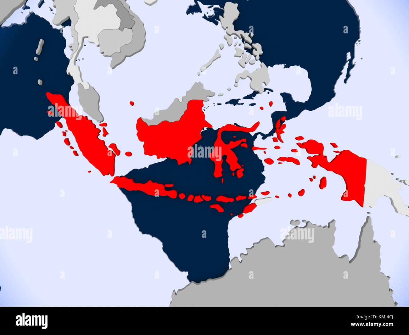 Indonesia in red on political map with transparent oceans. 3D illustration. Stock Photo