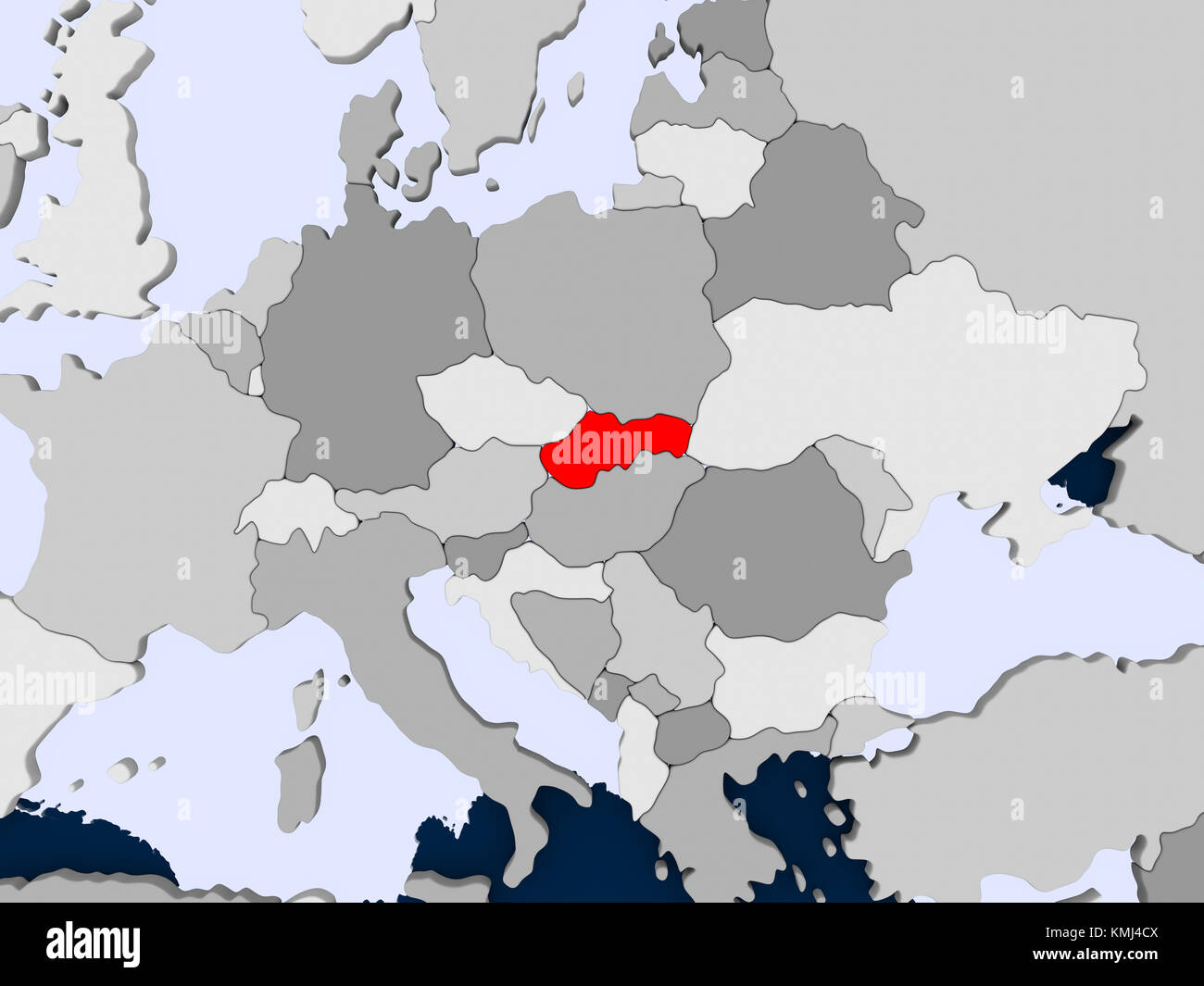 Slovakia in red on political map with transparent oceans. 3D ...