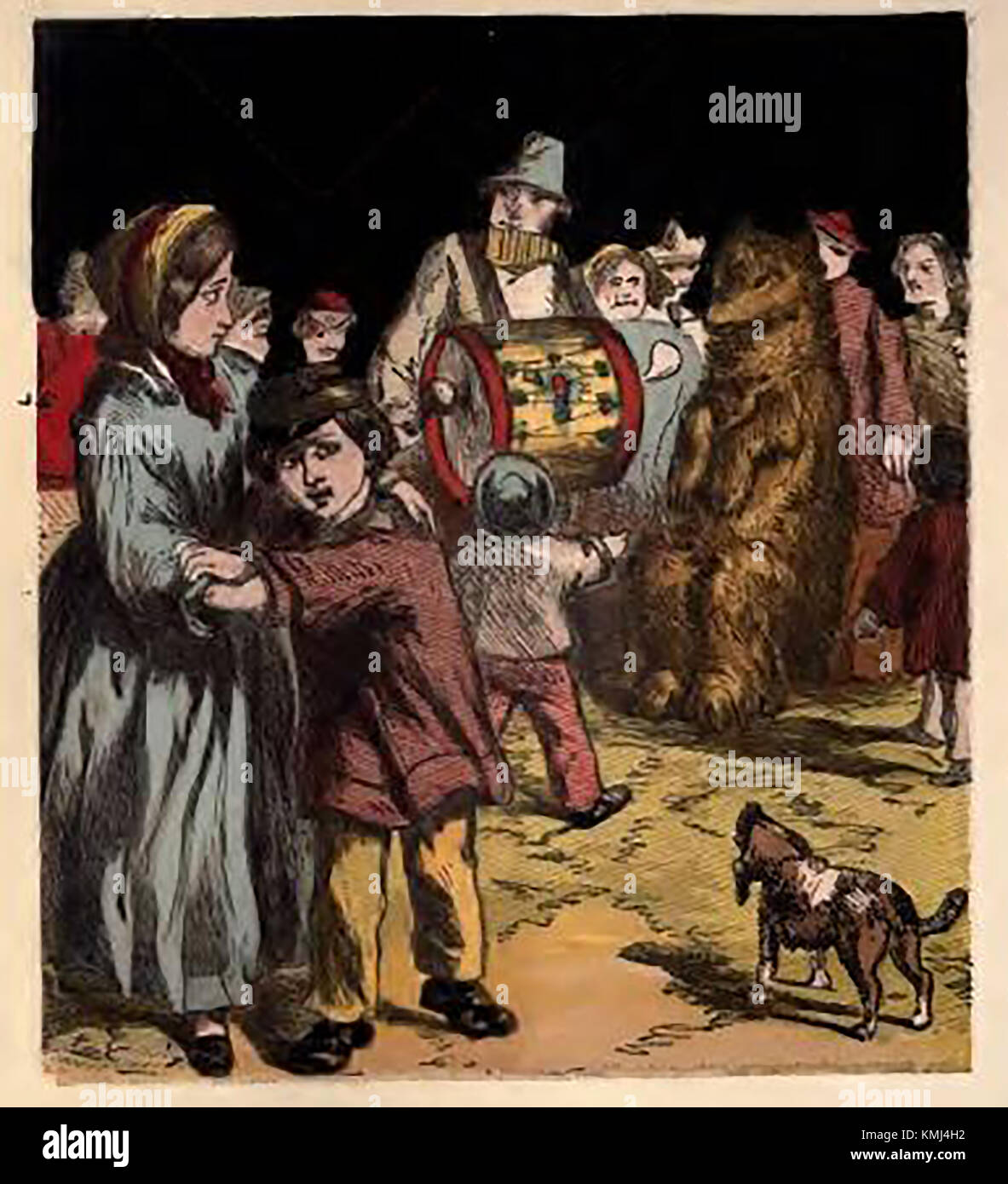 Victorian pastimes (from a coloured children's picture book. - Street entertainment with a dancing bear Stock Photo
