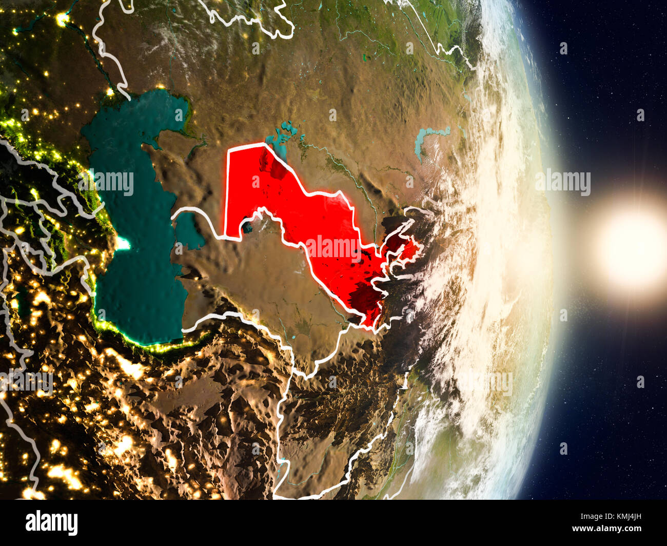 Uzbekistan during sunrise highlighted in red on planet Earth with ...