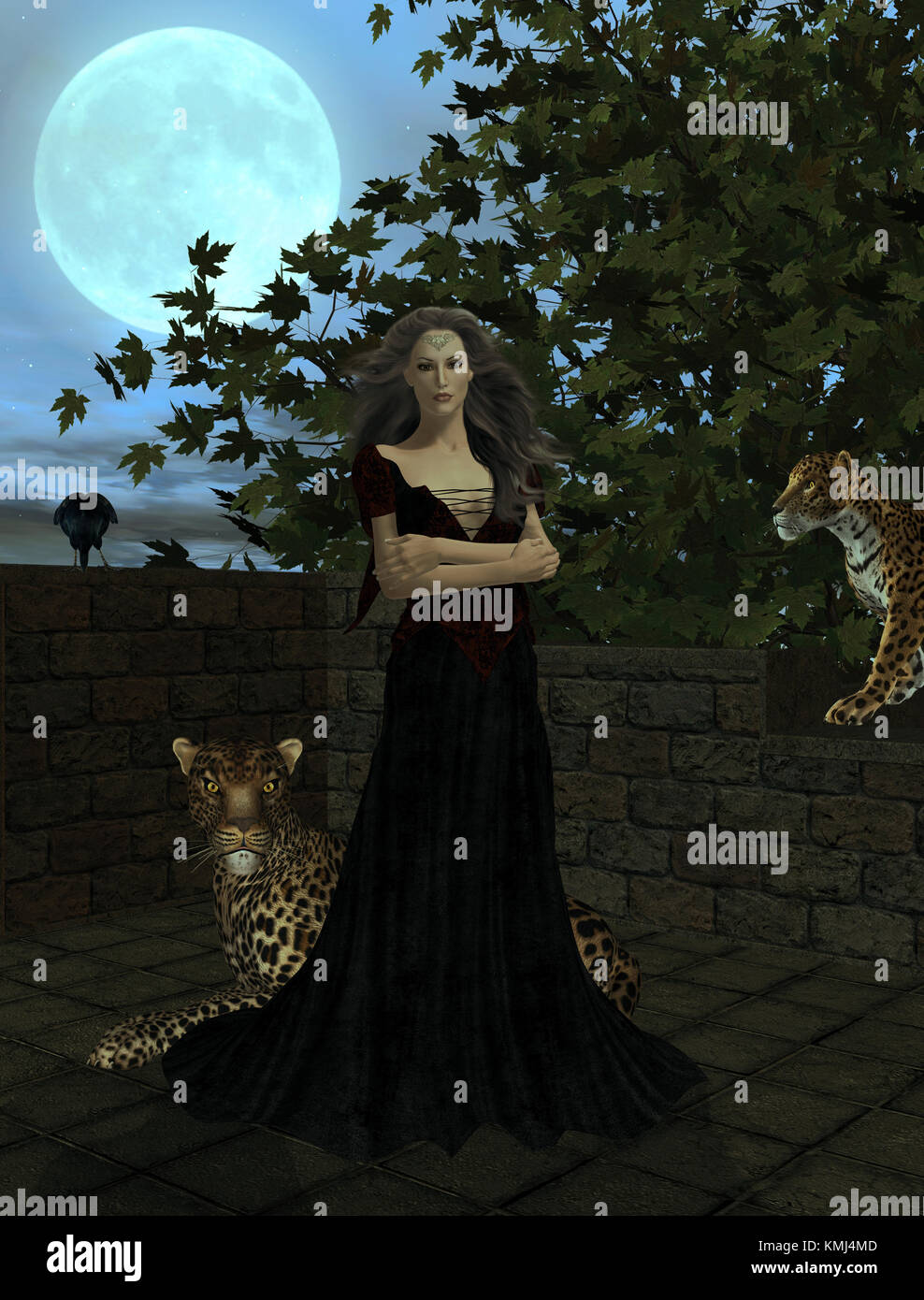 Princess waiting with leopards and crows Stock Photo - Alamy