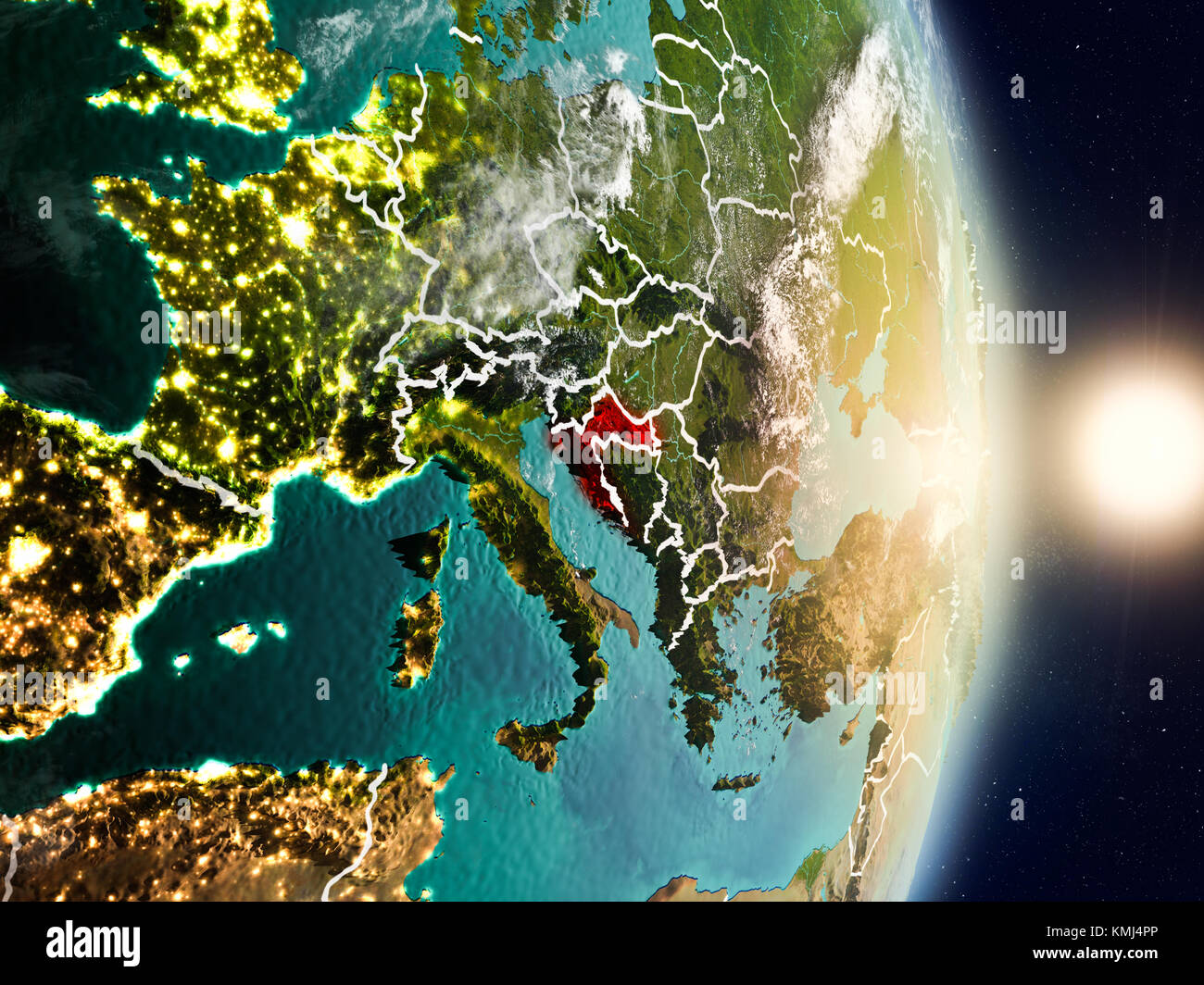 Croatia during sunrise highlighted in red on planet Earth with visible ...