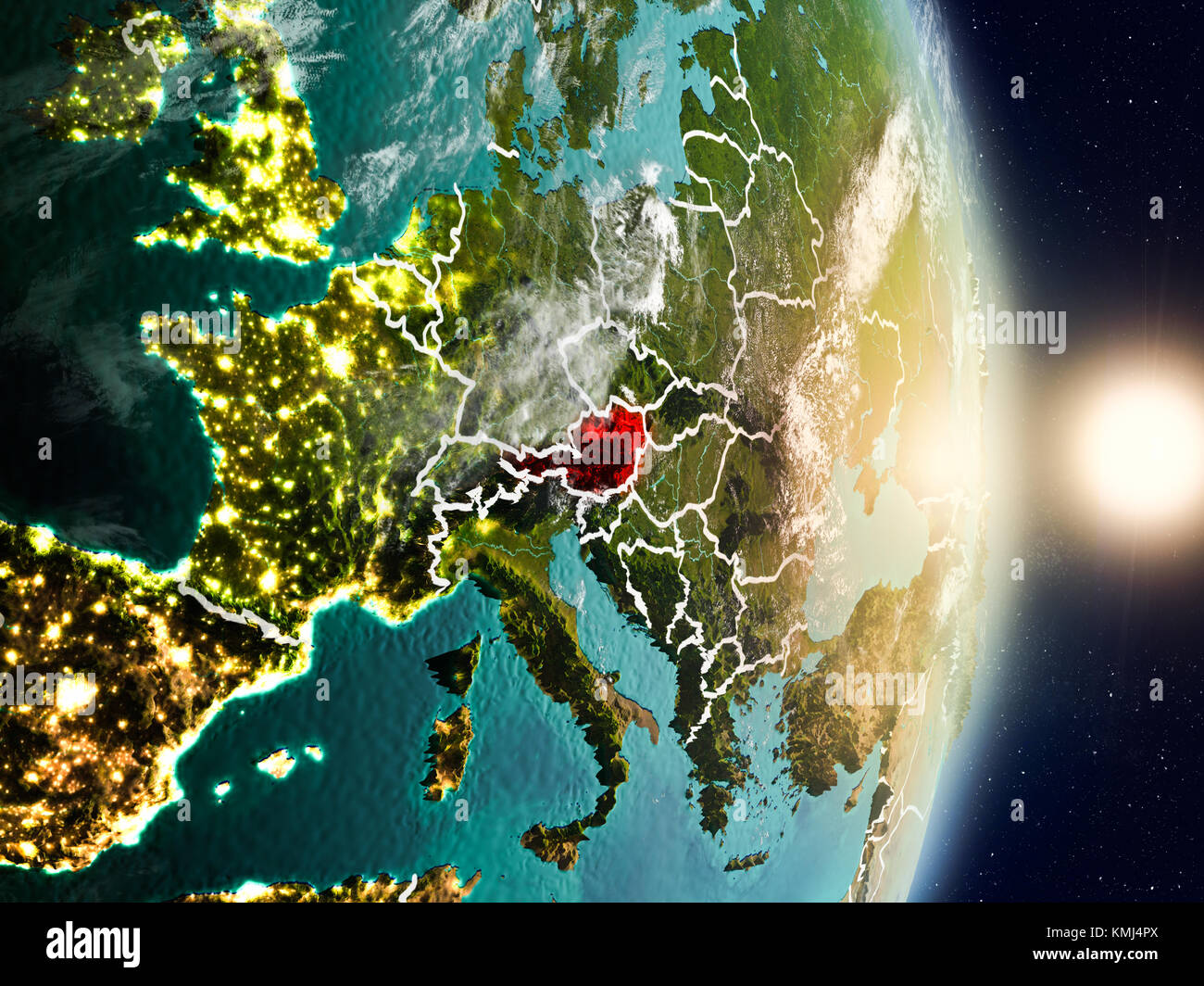 Austria during sunrise highlighted in red on planet Earth with visible ...
