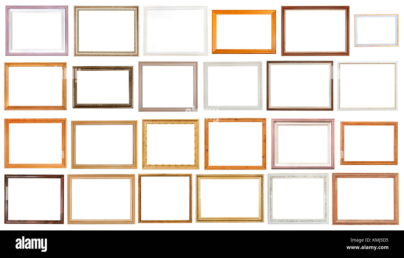 set of various wooden picture frames with cut out canvas isolated on ...
