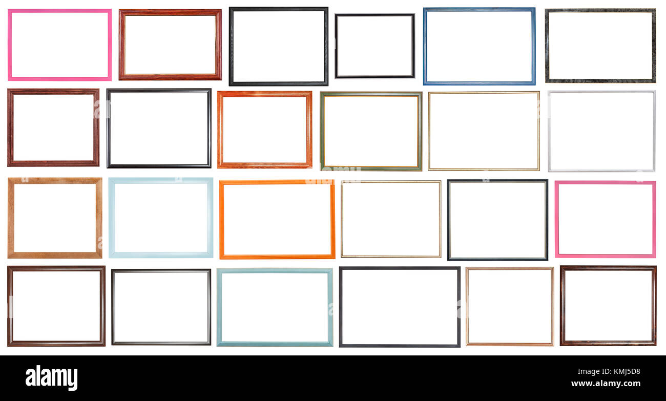 set of modern narrow wooden picture frames with cut out canvas isolated ...