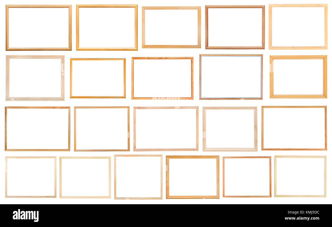 set of simple narrow wooden picture frames with cut out canvas isolated ...