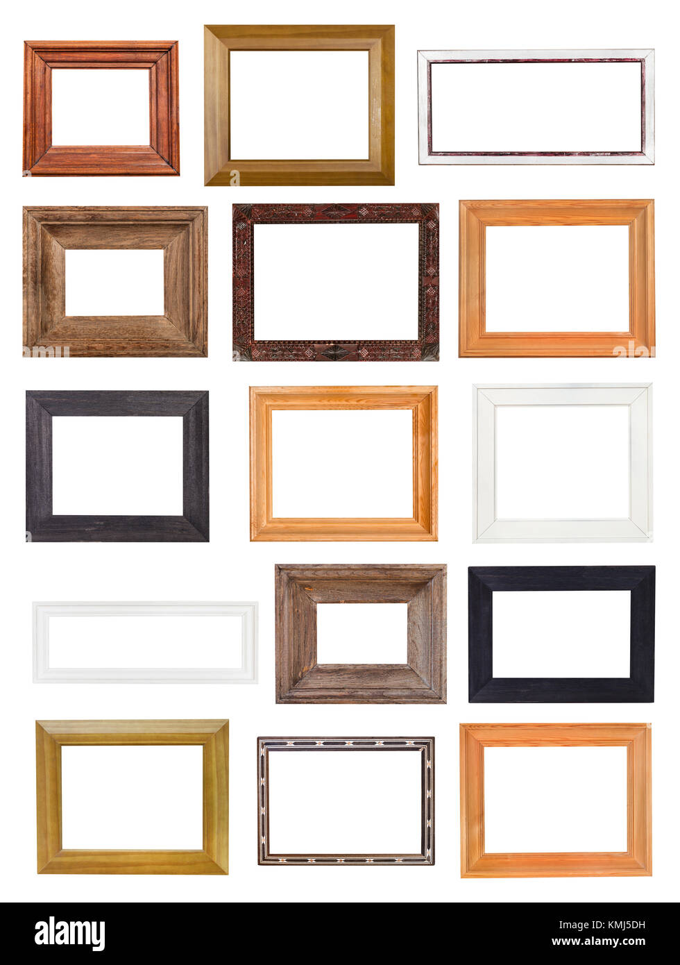 set of little wide wooden picture frames with cut out canvas isolated ...