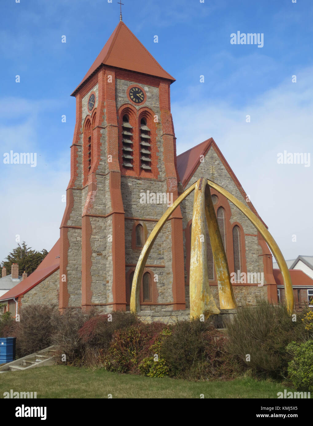 Christ Church Cathedral and Whalebone Arch, Port Stanley, Falkland Islands, South Atlantic Stock Photo