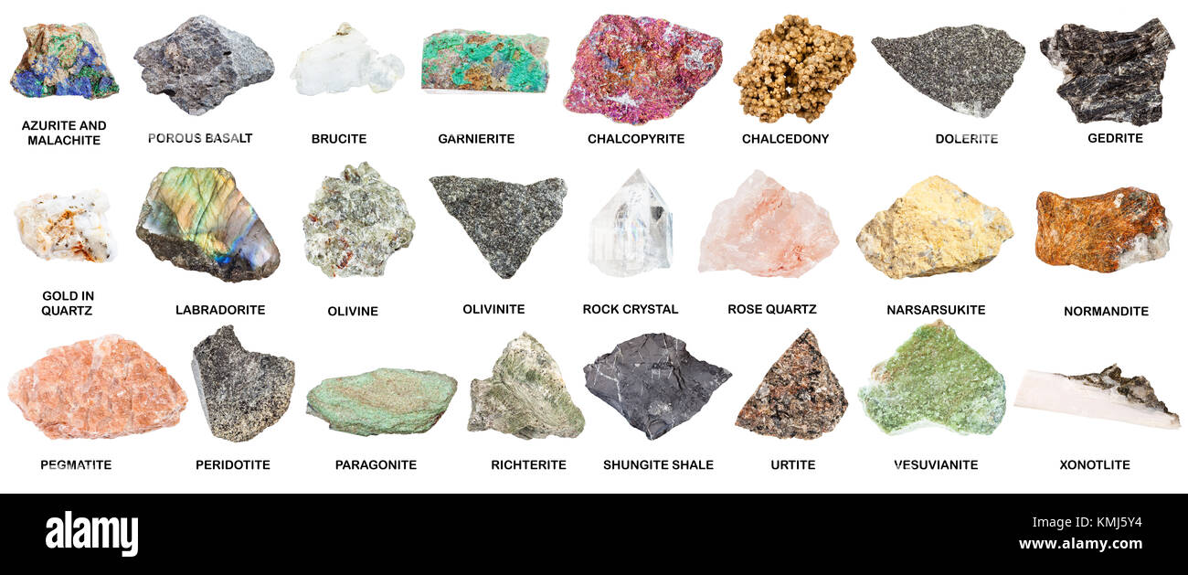 collection of natural mineral gem stones with name Stock Photo