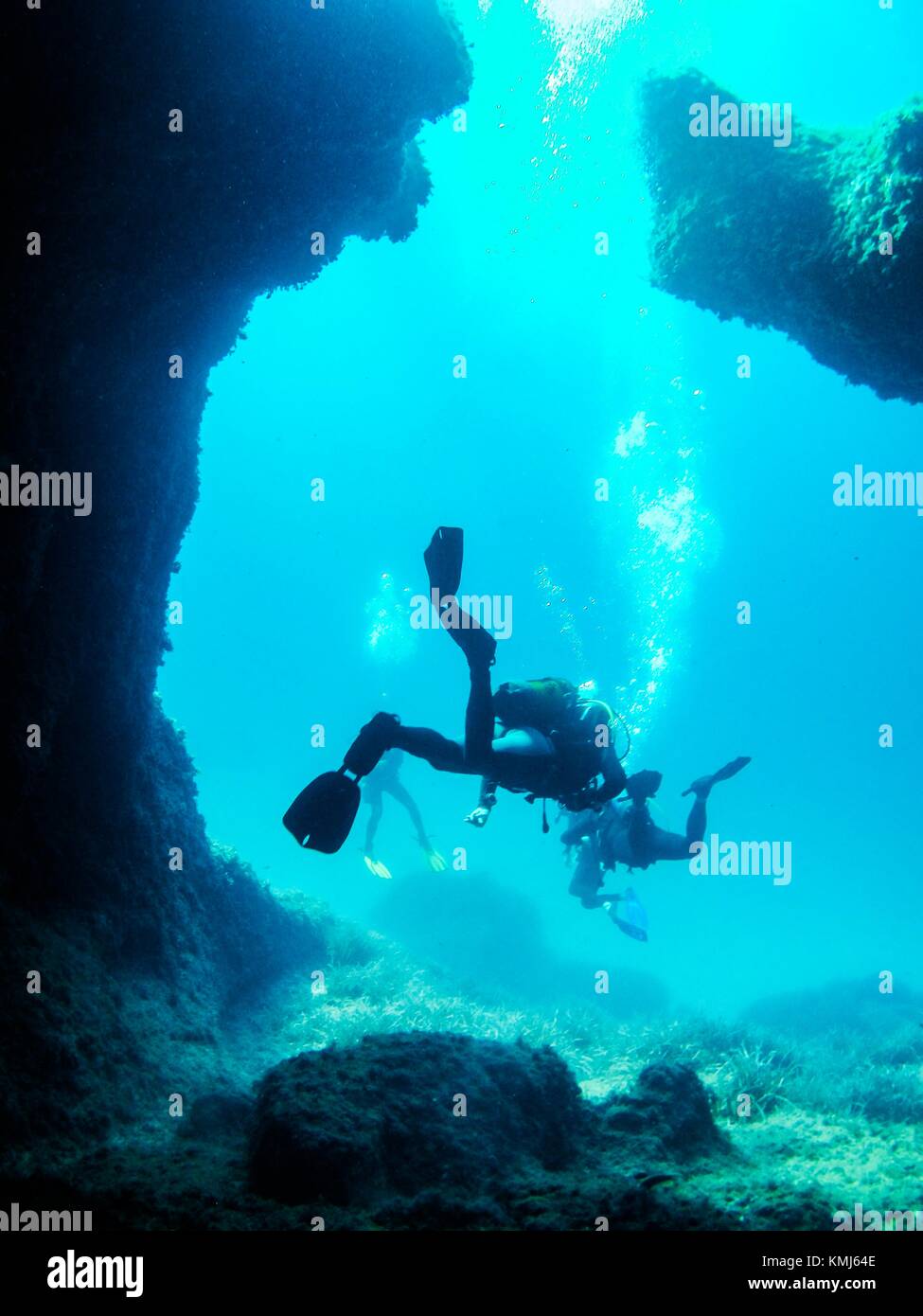 Diving in the coast of Binibeca. The place is full of caves, named catedral. Sant Lluis Municipality. Minorca. Balearic Islands. Spain Stock Photo