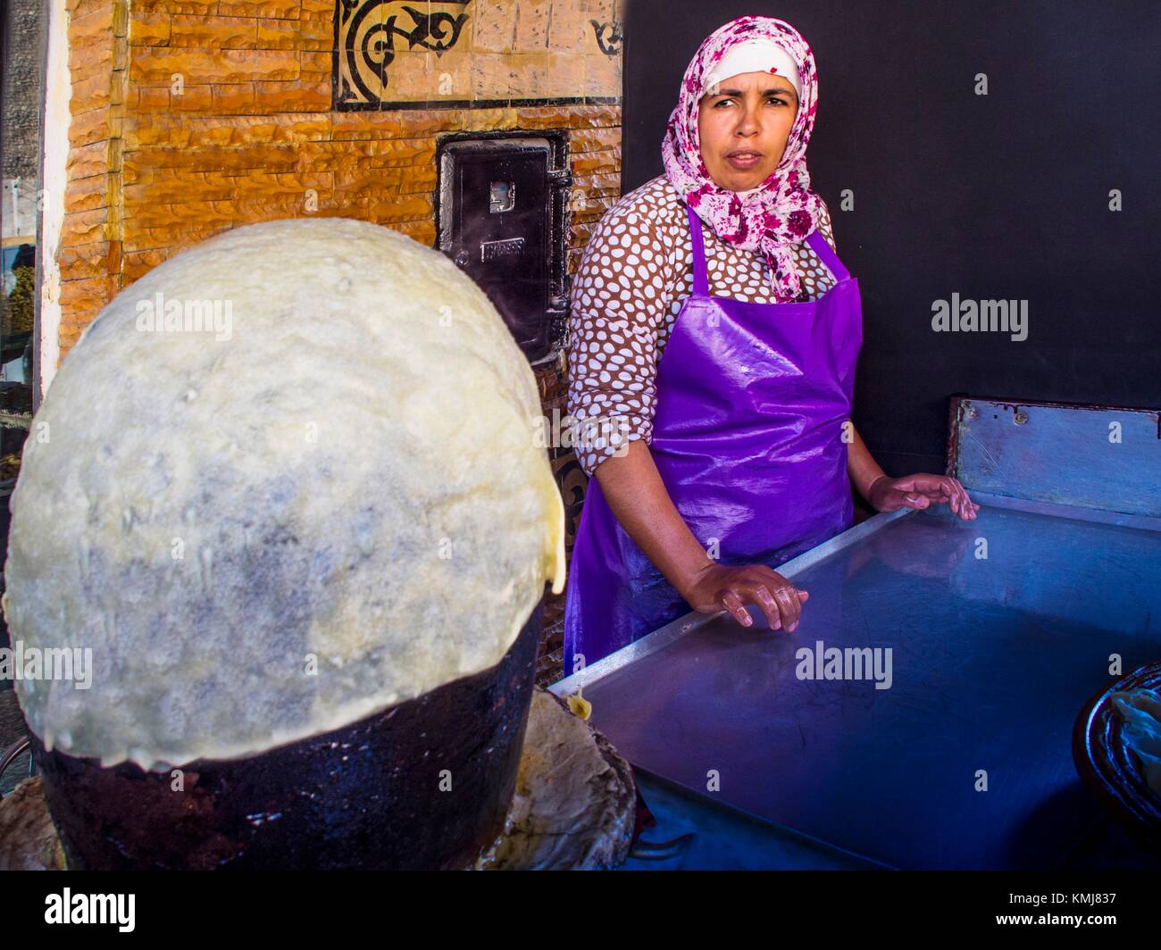 Morocco, Fes, Food, cooking a ''crépe'' special from Morocco. Stock Photo