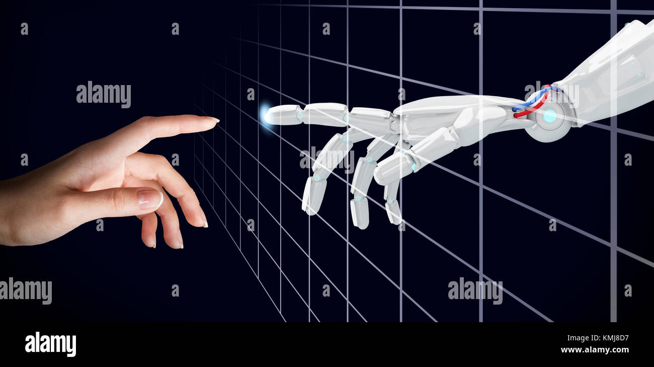 Human hand touching an android hand. Virtual reality concept. 3d ...