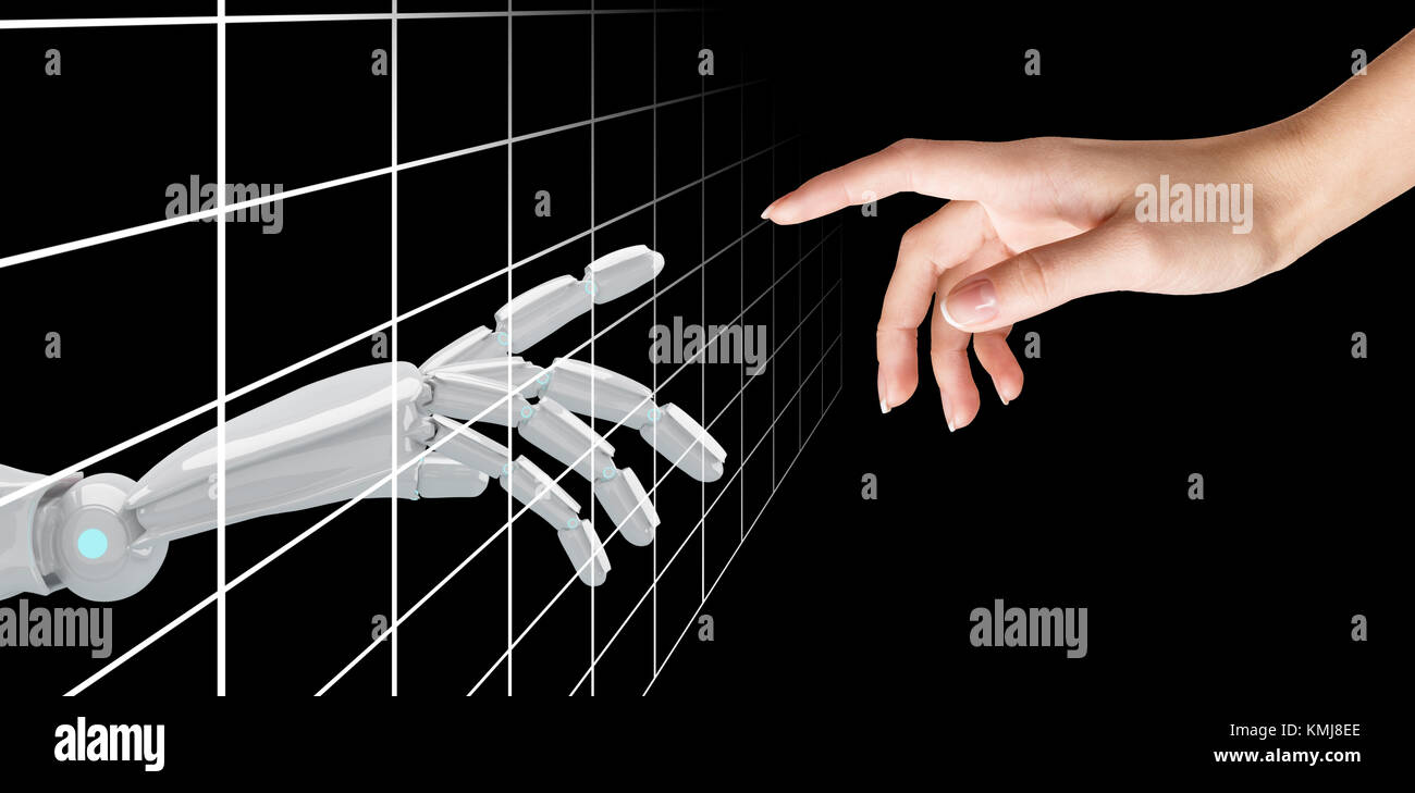Human hand touching an android hand. Virtual reality concept. 3d ...