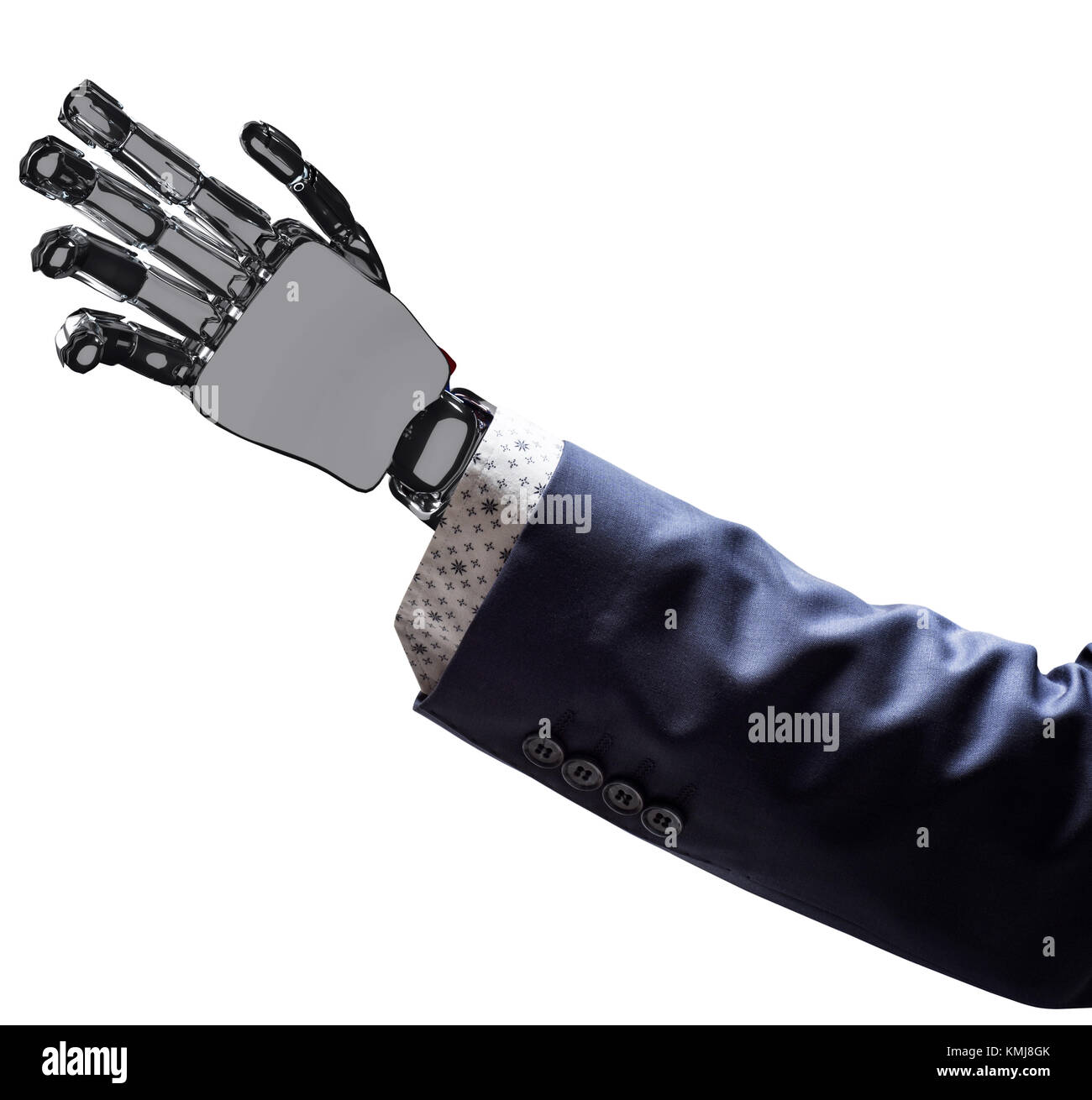 Metallic robotic arm in business suit isolated on white background. 3D rendering. Stock Photo