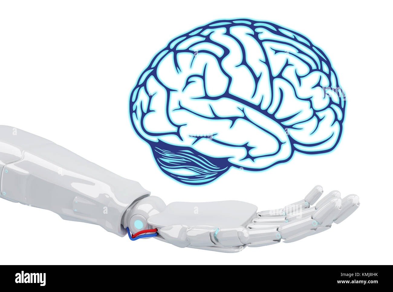 White robot hand holding virtual brain isolated on white. Artificial Intelligence concept. 3d rendering. Stock Photo